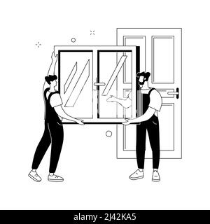 Fenster und Türen Dienste abstraktes Konzept Vektor Illustration. Austausch und Installation, Fenster und Tür Wartung und Reparatur Auftragnehmer, brok Stock Vektor