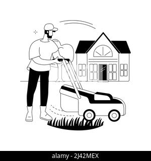 Rasenmähen Service abstrakt Konzept Vektor Illustration. Gras schneiden und reinigen, Belüftung und Düngung, Rasen Jäten, Gartenarbeit, Dand Stock Vektor