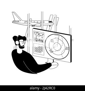 Abstraktes Konzept der Flugsicherung – Vektorgrafik. Flughafen-Kontrollturm, Flugverkehrsradar, bodengestützter Service, Flugzeugstandort, Radio com Stock Vektor