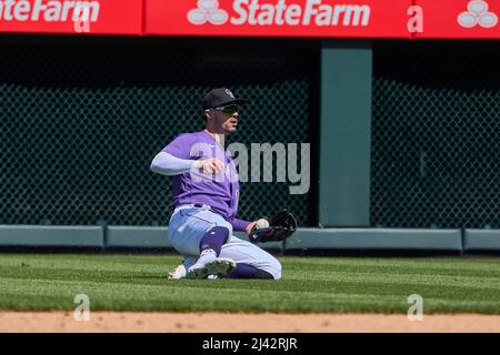 Denver CO, USA. 10. April 2022. Der Colorado-Rechtsfeldspieler Randal Grichuk (9) in Aktion während des Spiels mit den Los Angeles Dodgers und den Colorado Rockies, das im Coors Field in Denver Co. David Seelig/Cal Sport Medi stattfand. Kredit: csm/Alamy Live Nachrichten Stockfoto