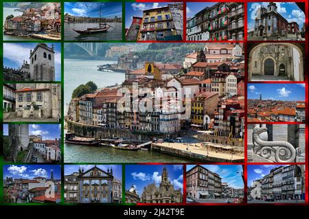 Eine Fotocollage, die die wunderschöne Stadt Porto (Porto) in Portugal zeigt Stockfoto