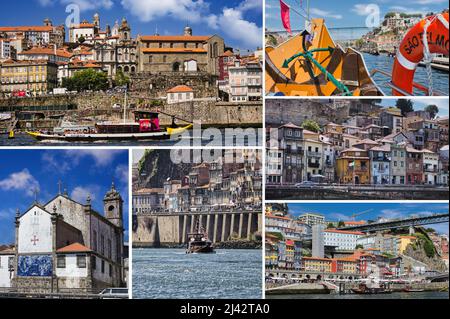 Eine Fotocollage, die die wunderschöne Stadt Porto (Porto) in Portugal zeigt Stockfoto