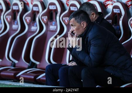 Turin, Italien. 10. April 2022. Paolo Maldini Technical Area Director von AC Milan gesehen während der Serie A 2021/22 Fußballspiel zwischen Turin FC und AC Mailand im Olimpico Grande Torino Stadium in Turin.(Endstand; Turin FC 0 - 0 AC Mailand) Credit: SOPA Images Limited/Alamy Live News Stockfoto