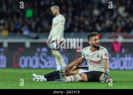 Turin, Italien. 10. April 2022. Olivier Giroud vom AC Mailand reagiert während des Fußballspiels der Serie A 2021/22 zwischen dem Turin FC und dem AC Mailand im Olimpico Grande Torino Stadium in Turin.(Endstand; Turin FC 0 - 0 AC Mailand) Credit: SOPA Images Limited/Alamy Live News Stockfoto