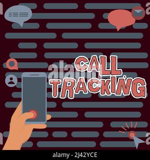 Schreiben mit Text Anrufverfolgung. Geschäftsidee Organische Suchmaschine Digitale Werbung Umwandlungsindikator Hände Halten technologisches Gerät Stockfoto