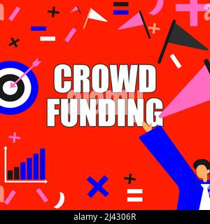 Hand schreiben Zeichen Crowd Funding. Wort für Fundraising Kickstarter Startup Pledge Platform Spenden erfolgreicher Gentleman in Suit mit aktueller Anzeige Stockfoto