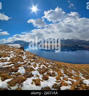 Frühlingsschnee auf der Ostmoräne, , Wallowa Lake, Oregon Stockfoto