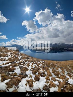 Frühlingsschnee auf der Ostmoräne, , Wallowa Lake, Oregon Stockfoto