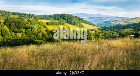 Schöne Landschaft des Tals in den karpaten alpen. Idyllische ländliche Aussicht auf sanft hügelige Patchwork Ackerland. Bergige Landschaft am Morgen Stockfoto