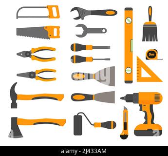 Zimmerei Tools Flat Design-Konzept, gelb Arbeitswerkzeuge Sammlung isoliert auf weißem Hintergrund eps 10 Stock Vektor