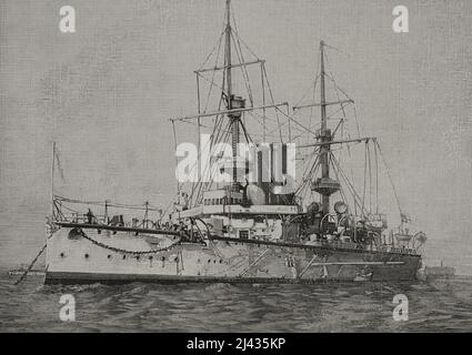 HMS Centurion (1892). Centurion-Klasse Es wurde für die Royal Navy gebaut, die der China Station als Flaggschiff zugewiesen wurde. Stich von Sampietro. La Ilustración Española y Americana, 1898. Stockfoto