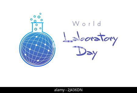 Glückwunsch zum Weltlabortag. Internationaler Labortag 23 24. April. Medizinische Flasche mit Globus im Inneren, kreatives Logo-Konzept. Isoliertes abstraktes g Stock Vektor