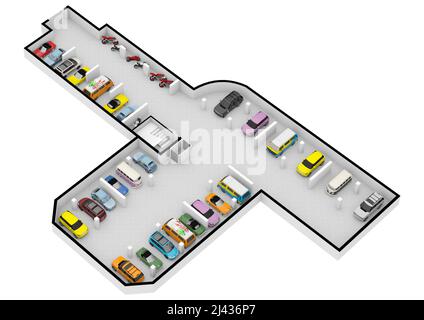 Isometrische Wohnung 3D Konzept Vektor Tiefgarage mit Autos. Parkplatz. Stockfoto