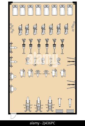 Fitnessraum mit Grundriß. Abbildung des Fitnesscenters 3D. Fitness. Fitnessraum. Fitnessclub. Inneneinrichtung des Fitnessraums. Stockfoto