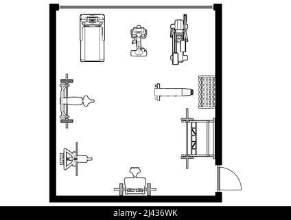 Fitnessraum mit Grundriß. Abbildung des Fitnesscenters 3D. Fitness. Fitnessraum. Fitnessclub. Inneneinrichtung des Fitnessraums. Stockfoto