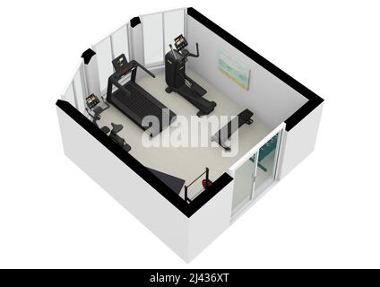 Fitnessraum mit Grundriß. Abbildung des Fitnesscenters 3D. Fitness. Fitnessraum. Fitnessclub. Inneneinrichtung des Fitnessraums. Stockfoto