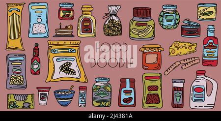 Vector Doodle Lebensmittelgeschäft Produkte. Handgezeichnete Scetch-Symbole. Essen und Trinken. Natürliche Konserven, Backwaren und Getreideprodukte Stock Vektor