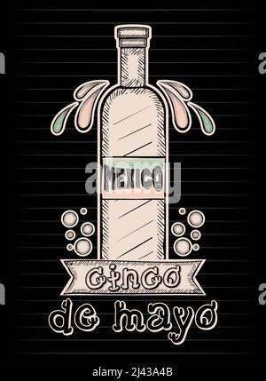 Skizze einer Tequila-Flasche mit Ornamenten Vintage Cinco de Mayo Vector Stock Vektor