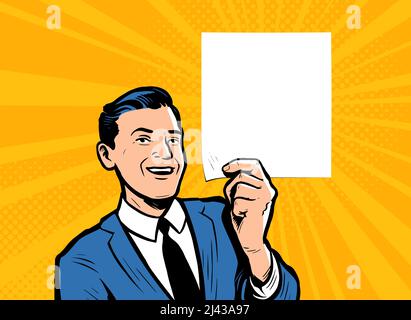 Geschäftsmann hält leer in Retro-Comic-Kunst. Präsentation, Werbung Konzept Vektor Illustration Stock Vektor