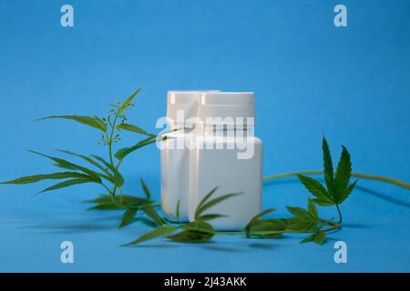 Zwei weiße Gläser und Cannabisblätter auf blauem Hintergrund. Stockfoto