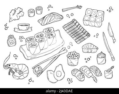 Sushi und Brötchen im Doodle-Stil. Traditionelle japanische Küche - Nigiri, Temaki, Tamago, Sashimi Stock Vektor