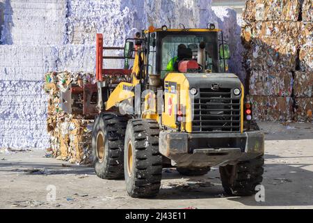 Schwere Maschinen, die in einer industriellen Recyclinganlage mit Recyclingpapier arbeiten. Stockfoto