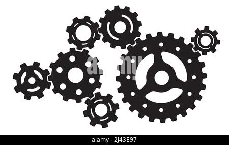 Mechanismus der schwarzen rotierenden Zahnräder auf weißem Hintergrund. Stock Vektor