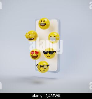 Cartoon-Stil 3D Bild von Emojis Flucht ein Smartphone Stockfoto