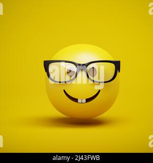 3D Rendering eines Emoji-Smileys mit einem Nerd-Gesicht mit Brille. Stockfoto