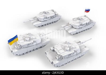 Russische Panzer gegen Ukrainer. Militärischer Aggressionskonflikt. 3D Rendering Stockfoto