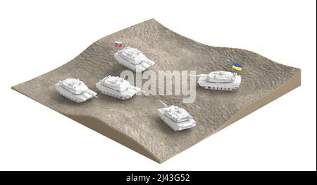 Russische und ukrainische Panzer auf einem Schlachtfeld. 3D Rendering Stockfoto