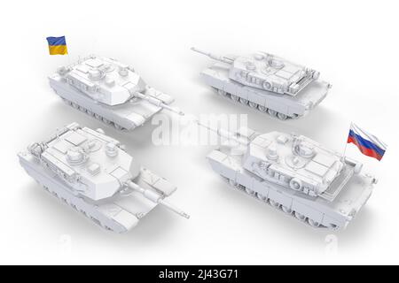 Russische Panzer gegen Ukrainer. Militärischer Aggressionskonflikt. 3D Rendering Stockfoto