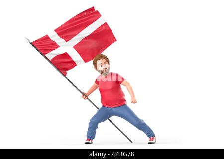 Mann, der stolz die winkende Flagge Dänemarks hält. Isoliert auf weißem Hintergrund. 3D Rendering Stockfoto