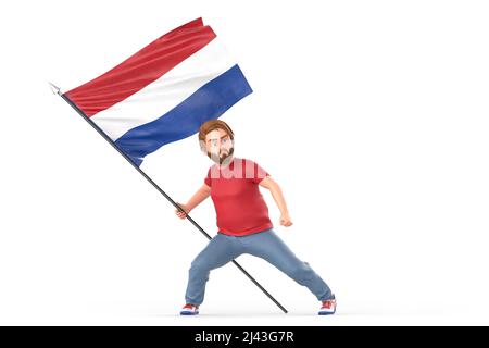 Mann, der stolz die winkende Flagge der Niederlande hält. Isoliert auf weißem Hintergrund. 3D Rendering Stockfoto