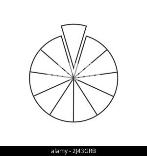 Kreis in 11 Fraktionen segmentiert. Torte- oder Pizzaform, in elf gleich große Scheiben geschnitten, im Umrissstil. Beispiel für ein rundes Statistikdiagramm auf weißem Hintergrund isoliert. Lineare Vektordarstellung Stock Vektor