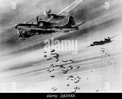 Superfortress Bombt Über Burma. Tonnen von Bomben sprengen den Himmel über Rangun, Burma, während sie aus den gähnenden Bombenbuchten der B-29 Superfestungen ausstreckt. Das Ziel dieses Tagesangriffs des Bomberkommandos B-29s von 20. war ein großes japanisches Versorgungsdepot in der Nähe des Mingaladon Air Field in der Nähe von Rangun. 3. Januar 1945. (Foto von Associated Press Photo). Stockfoto