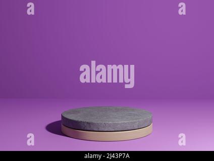 Leuchtend violett, violett 3D Rendering einfache Produktanzeige, natürlicher minimaler Hintergrund mit Zylinder-Podium-Ständer aus Beton und Holz für nat Stockfoto