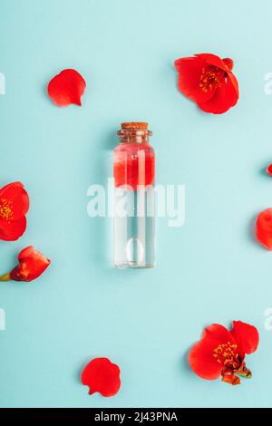 Eine Flasche Parfüm oder kosmetisches Gel und rote Blume auf blauem Hintergrund. Draufsicht, flach liegend. Stockfoto