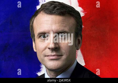 Emmanuel Macron mit der französischen Flagge Stockfoto