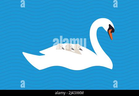Schwan-Baby auf dem Rücken der Mutter in den See, Vektor-illustration Stock Vektor