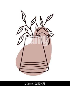 Abstraktes Blumendoodle mit farbiger organischer Form. Minimalistische Vase mit isolierten Ästen auf weißem Hintergrund. Handgezeichnete Vektorgrafik. Stock Vektor
