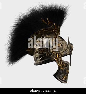 Isolierte 3D Renderdarstellung von spartanischem Helm, goldgraviert mit Totenkopf und Blattzweigen auf weißem Hintergrund. Stockfoto