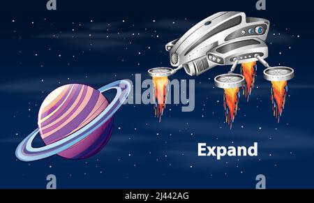 Ein Raumschiff im Raum mit Saturn-Illustration Stock Vektor