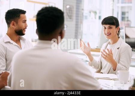 Dies könnte ein wirklich guter Plan sein. Aufnahme von Geschäftsleuten, die bei der Arbeit in einem Sitzungssaal ein Meeting abhalten. Stockfoto