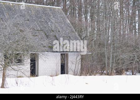 Verlassene Heimat in Weide. Zerstörtes Dorfhaus auf einem verlassenen Bauernhof. Stockfoto