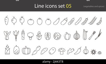 Symbole für dünne Linien von Gemüse, Vektorgrafik Stock Vektor