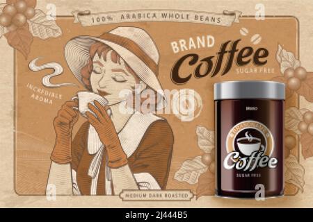 Bannerwerbung für Kaffeebohnen aus der Dose. Illustration einer gravierten Dame aus dem Jahr 1920s, die Kaffee mit einer Kaffeebohnenverpackung aus 3D Dosen auf einem braunen Kaffeefarm-Backgro verkostet Stock Vektor