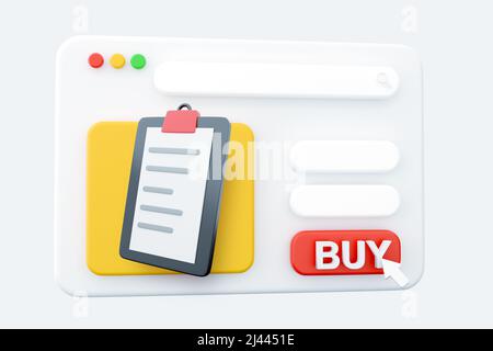 3D Render Webseite Checkliste auf Clipboard Papier isoliert, 3D Render Webseite Illustration. Notizbuch mit aktivierten Aufgaben. Konzept der Online-Umfrage, Prüfung Stockfoto