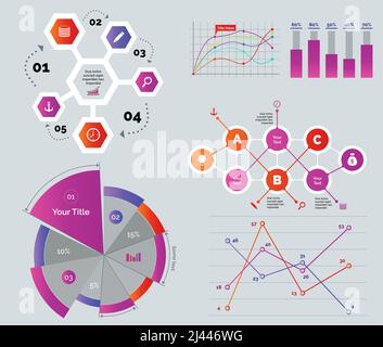 Kreative Diagramme. Kann für Workflow-Layout, Jahresbericht, Webdesign verwendet werden. Finanzierungskonzept. Zyklusdiagramm Liniendiagramm Balkendiagramm Prozentwert Kreis ch Stock Vektor