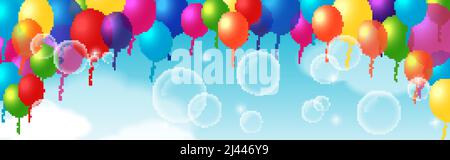 Dekoratives Element mit hängenden Luftballons. Für Grußkarten, Poster, Banner, Broschüren und Broschüren. Stock Vektor